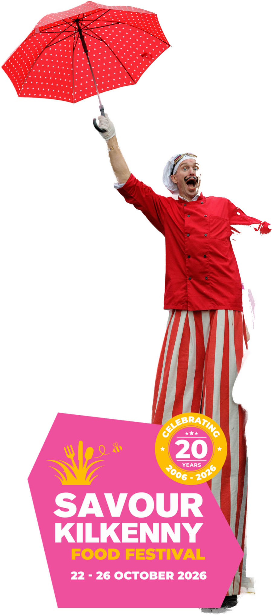 A stilt-walking chef with a red umbrella at the Savour Kilkenny festival